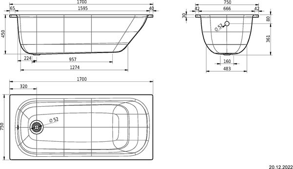 Badewanne Schmidlin Norm Classic 170 x 75 cm Weiss image number 1