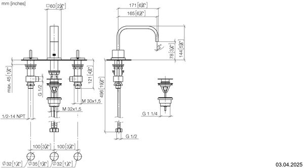 Dreilochbatterie Dornbracht Mem Messing geb&uuml;rstet Mit Luftsprudler image number 2
