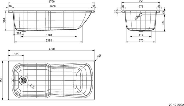 Badewanne Schmidlin Kombi 170 x 75 cm Weiss image number 1